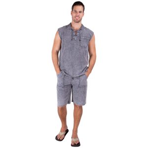Charcoal Gray Cotton Drawstring Pocket Sleeveless Shirt