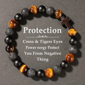 Men's Retro Tiger Eye and Black Bead Bracelet with Cross Pendant