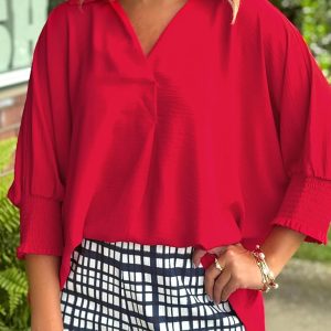 Fiery Red Solid Color Collared Loose Tunic Top