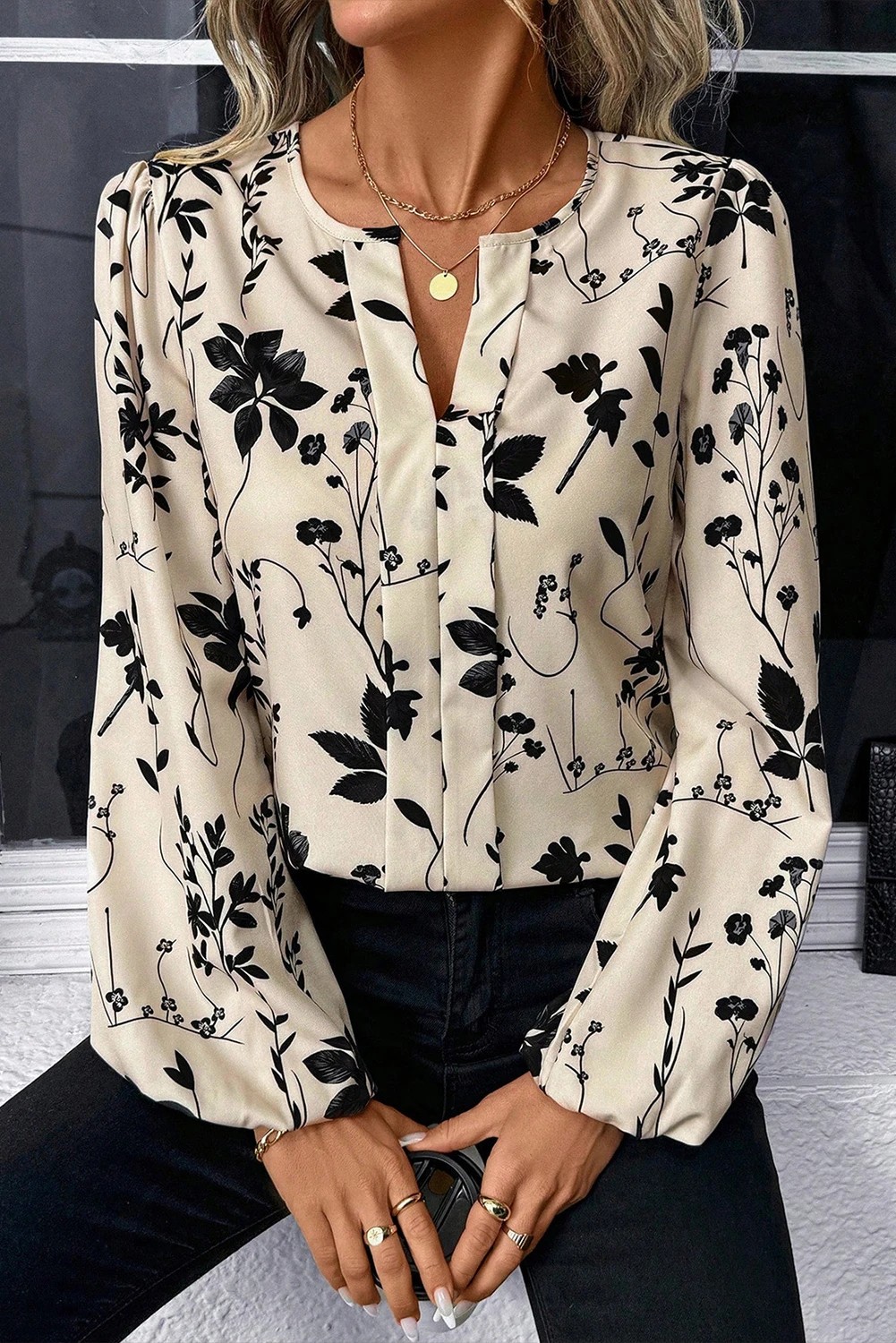 Khaki Botanical Floral Print Split Neck Long Sleeve Blouse - Image 3