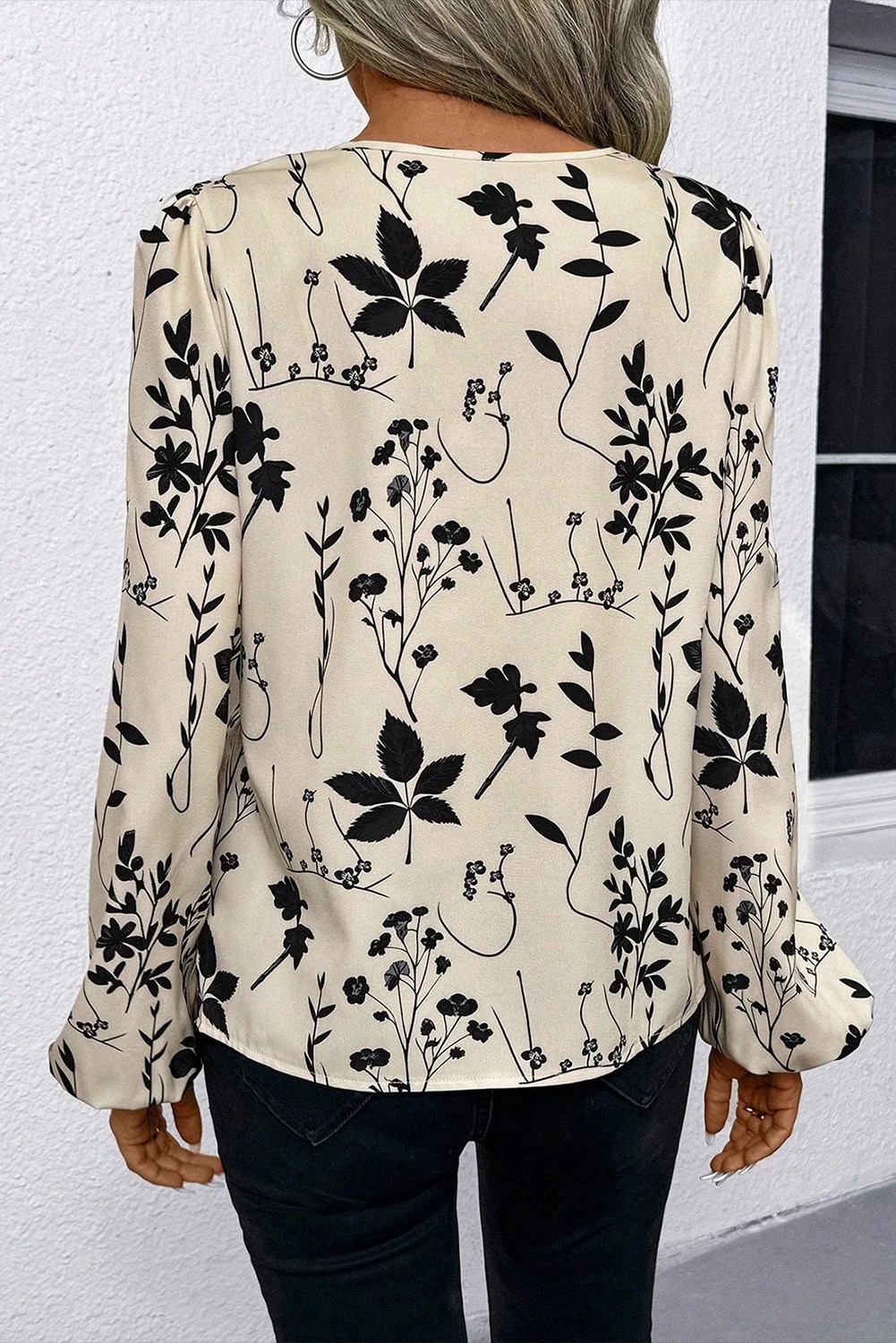 Khaki Botanical Floral Print Split Neck Long Sleeve Blouse - Image 4