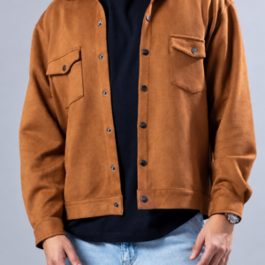 Model wearing a chestnut brown suede-like overshirt jacket with snap buttons and two chest pockets — The Haven Retail Store, luxury fashion, apparel for men and women
